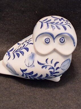 Vintage 70s Delft Blue & White Porcelain Owl Coin Bank Figurine with Stopper